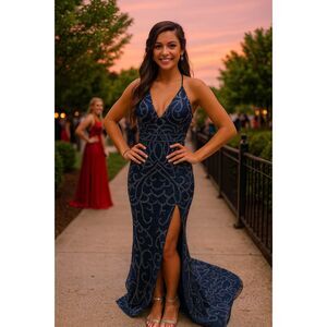 JASZ COUTURE 6 BLUE PLUNGING V NECK BEADED HIGH SLIT PROM PAGEANT FORMAL GOWN